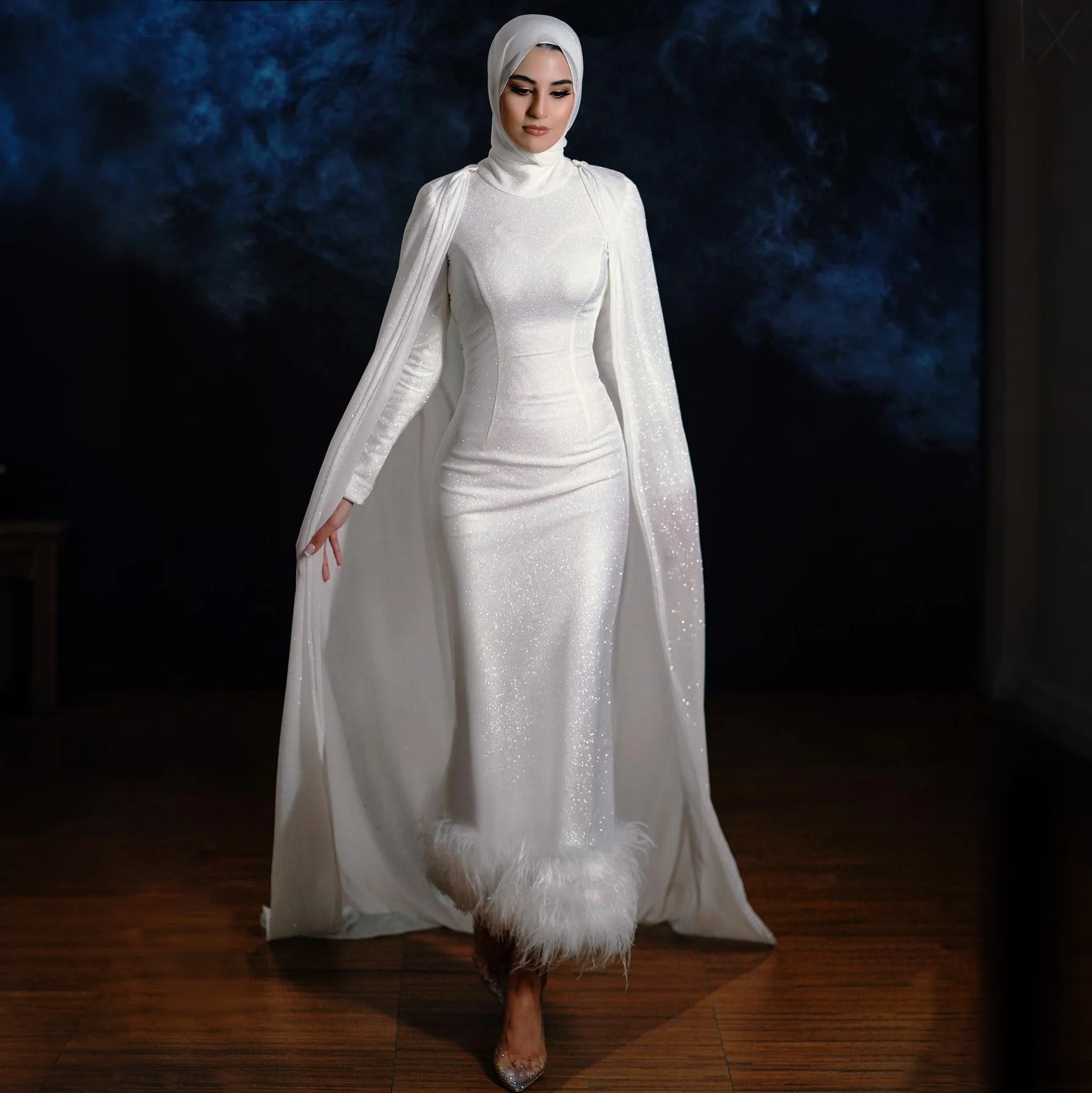 Roseann Wedding Dress Muslim Sparkling Sequin Mermaid Feathers vestido de novia Corset Designs With Cape Dresses for Women 2026