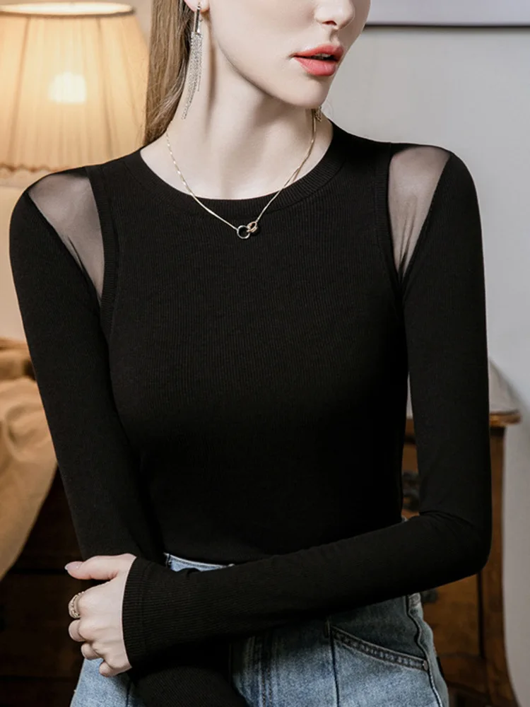 Sheer Mesh Patchwork Slim Long Sleeve Dance Top – Elegant Round Neck Classical Performance Costume for Women Girl Top