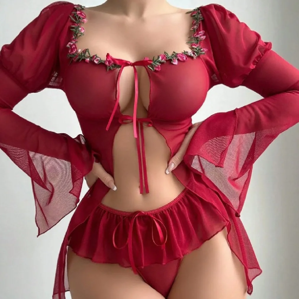 

Women's Red Two-Piece Four-Piece Set Steel Support Gathered Sexy Skirt Style Holiday Swimsuit