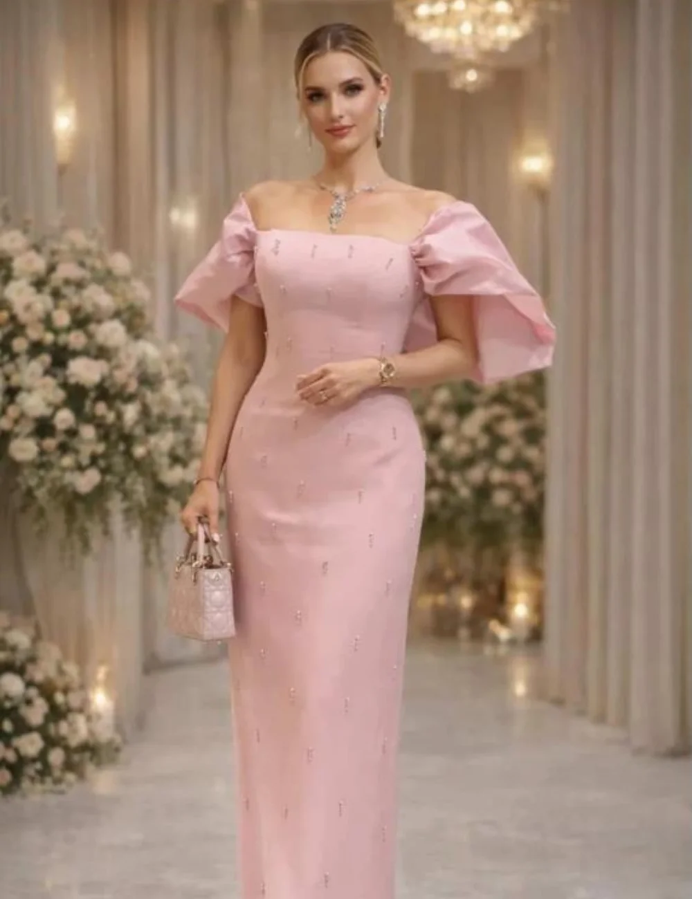 Customized Pink Exquisite Retro Jersey Pearl Beading Straight Off-the-shoulder Floor-Length Evening Dresses Sizes Available