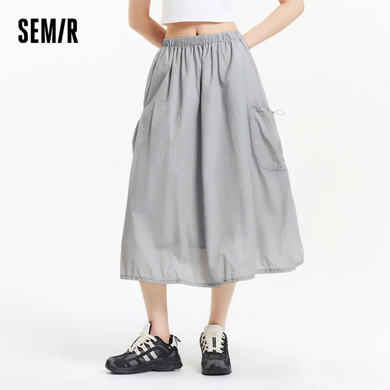 Semir Skirt Women Drawstring Sun Protection Cool Feeling Loose Trendy 2025 New Summer Textured Plaid Long Skirt