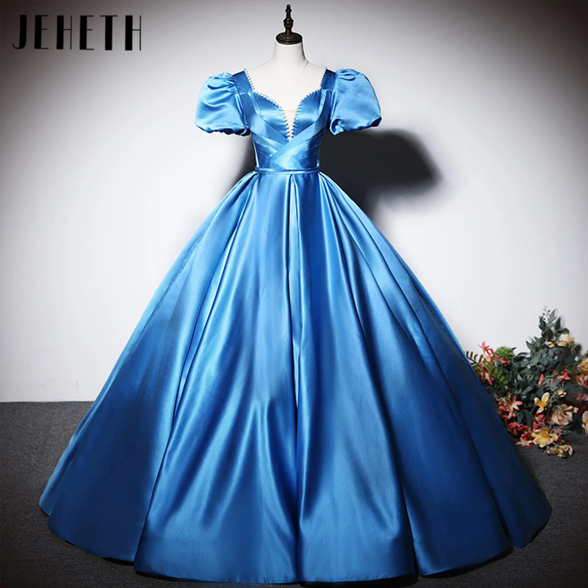 

JEHETH Blue Satin Pearl Evening Gown For Women Elegant Party Luxury Evening Dress Classic Long High End Exquisite Ball Gown