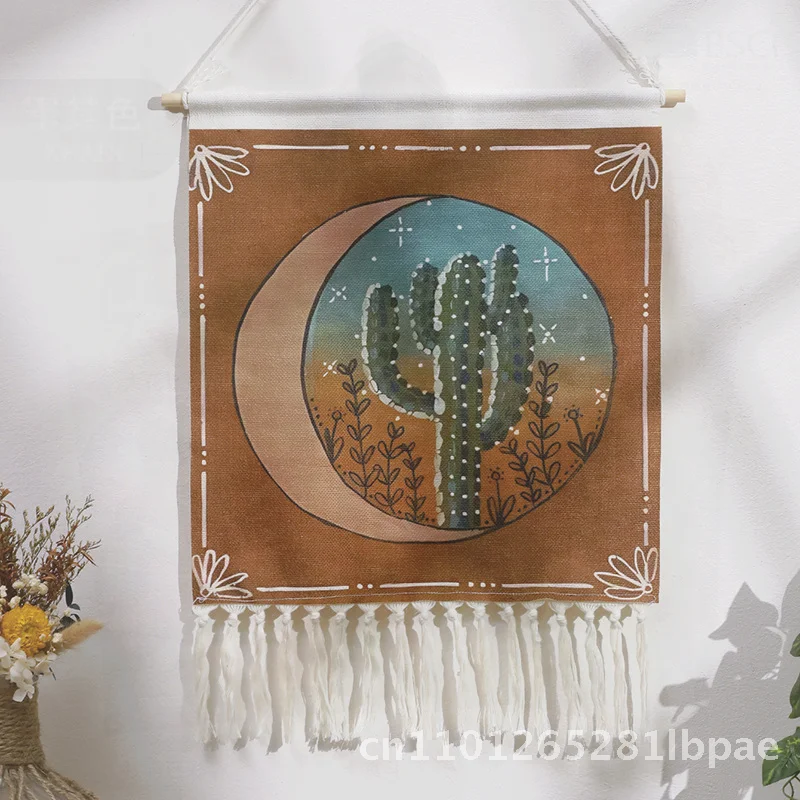 

Bohemian Hand-Woven Cotton Tapestry Sun And Moon Cactus Design with Tassels for Studio Bedroom Living Room Wall Decoration