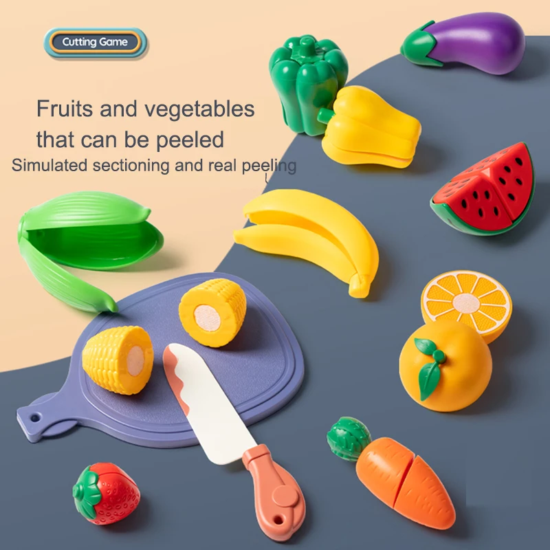 Juego de cortar comida de imitación para niños, juego de 26 piezas, frutas y verduras cortables, juguete, accesorios de cocina con cuchillos y tabla