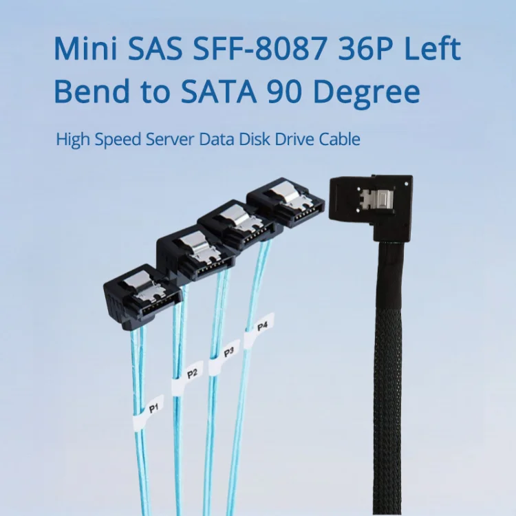 Mini SAS SFF-8087 36P الانحناء الأيسر إلى SATA 90 درجة خادم عالي السرعة قرص بيانات محرك طول الكابل اختياري 0.5 متر 1 متر