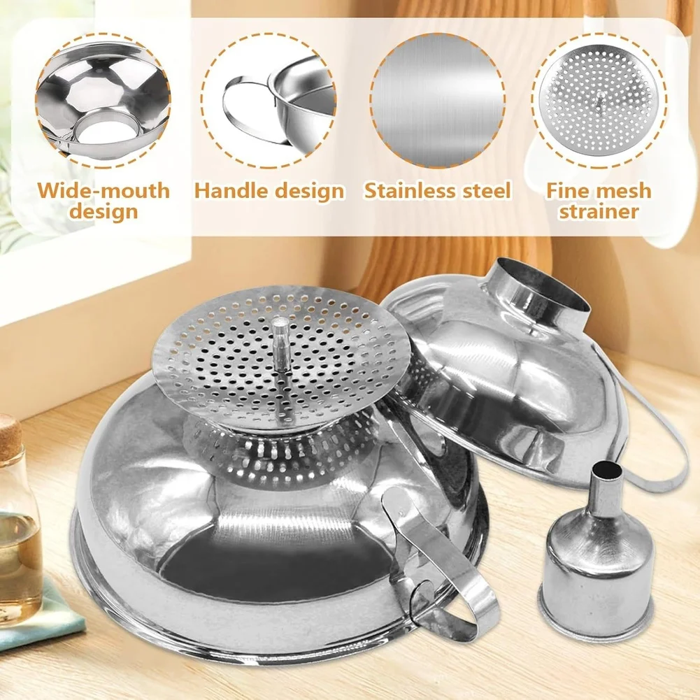 4PCS Stainless Steel Funnel Set with Nestable Design and Fine Mesh Strainer for Pouring and Preserving Applications