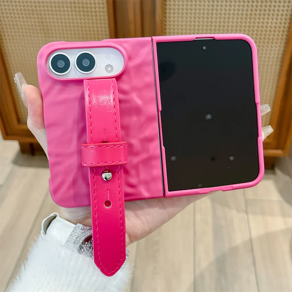 Solid Hot Pink Wrinkle Texture Phone Case For iPhone Ultra Fold PU Leather Wrist Shockproof Hard Protective Cover For Women