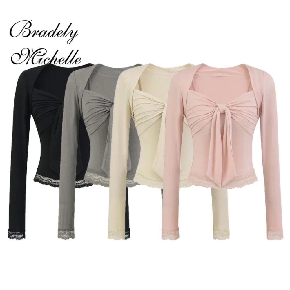 

Bow Sling Two-piece Set Long Sleeved Square Top Fashion Clothing Stretch New Women Tops Sexy Pullover Bottoming Blouses T-shirt