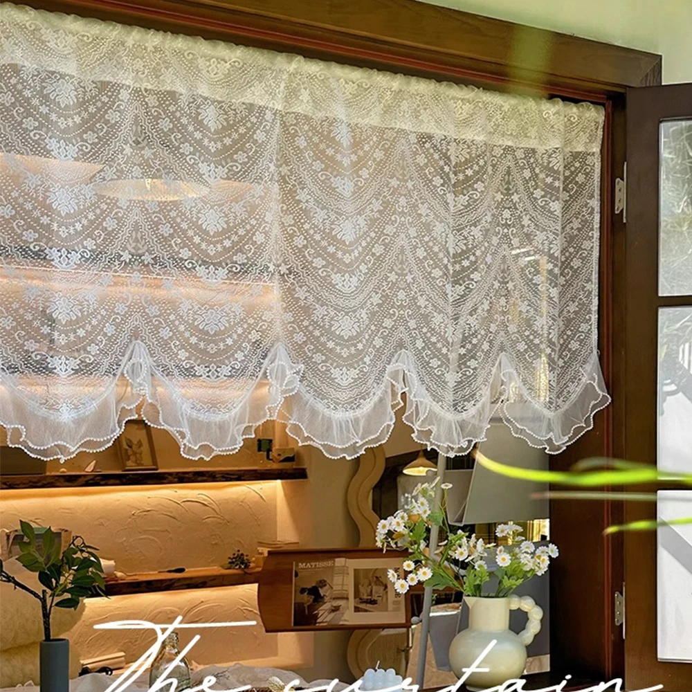 1pc Luxury White Wave Embroidery Sheer Curtain, Elegant Short Voile Curtain for Bedroom Living Room