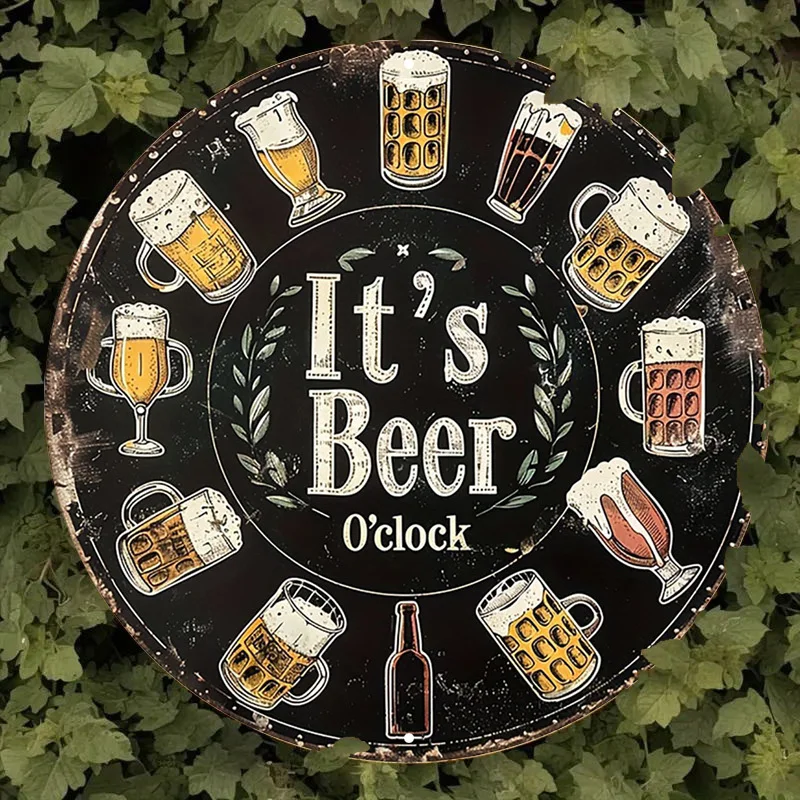 علامة معدنية عتيقة، ملصق دائري من الألومنيوم على شكل بيرة مرحة، صورة مفعمة بالحيوية والمرح