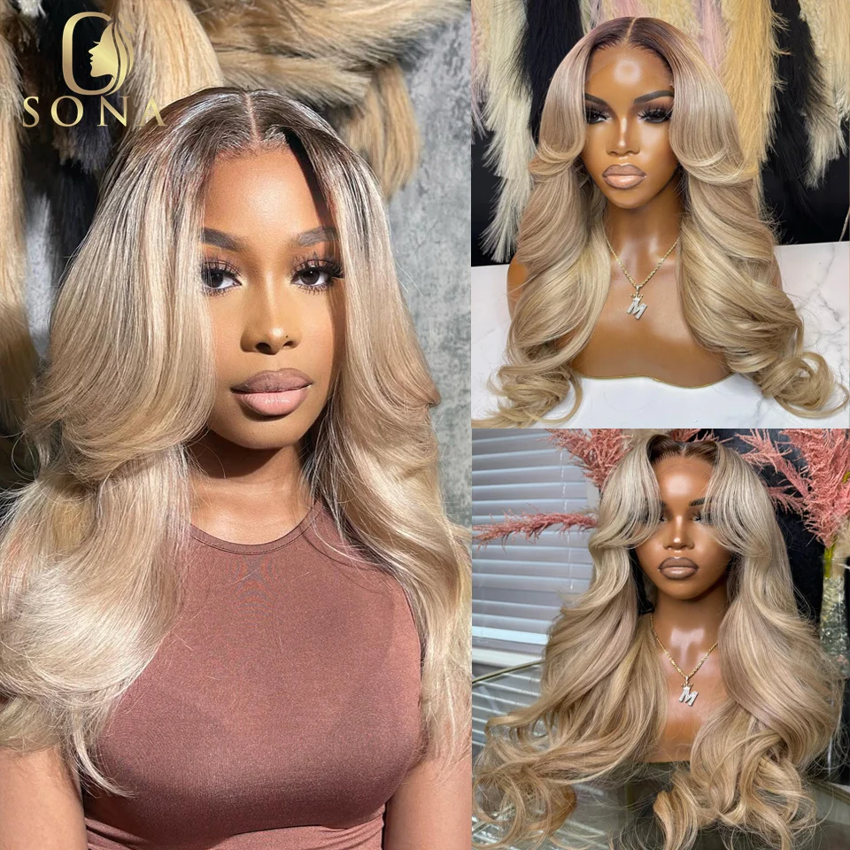 Dark Roots Honey Ash Blonde Body Wave 13x6 13x4 Transparent Lace Frontal Human Hair Wig For Woman PrePlucked Remy Brazilian Hair