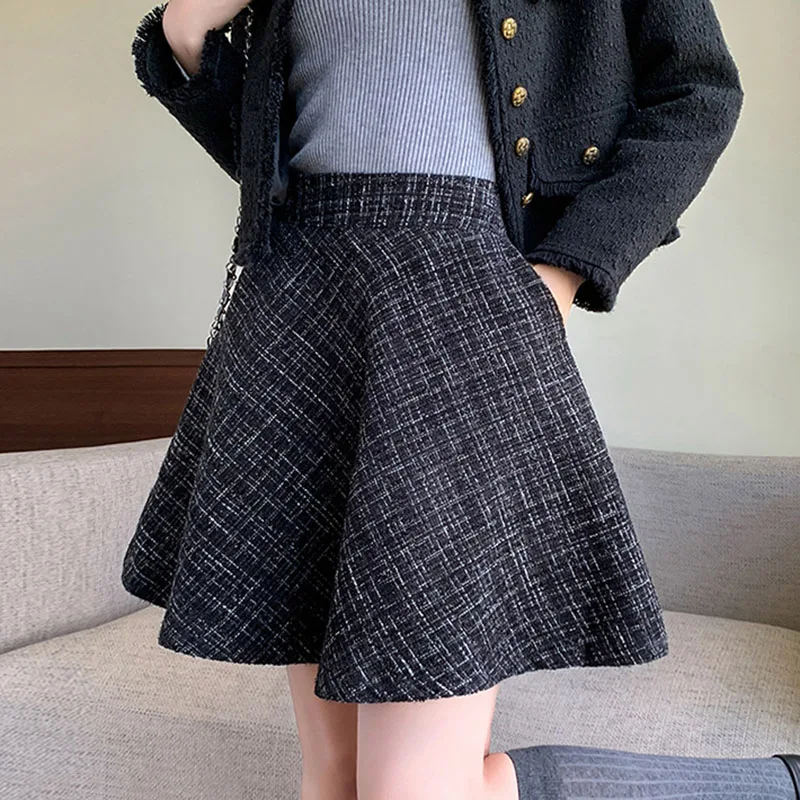 Korean Fashion High Waist A-line Skirts Women Autumn Winter Thick Inside Shorts Mini Skirts French Chic with Pockets Short Skirt
