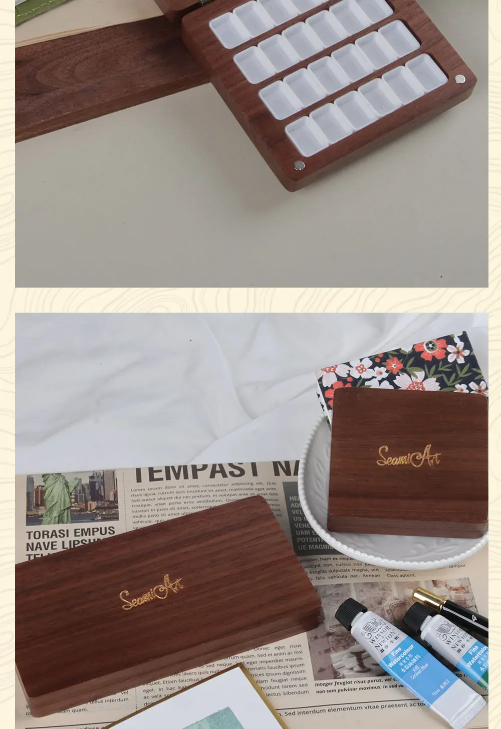 SeamiArt 1 Stück quadratische Malbox aus schwarzem Walnussholz mit Palette, 0,5 ml halbe Pfannen für Aquarell-Unterpaket, Aufbewahrung, Kunstbedarf – Detail 9
