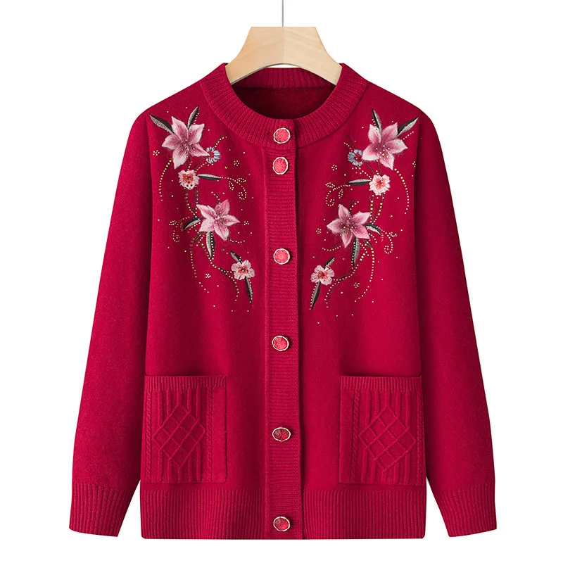 Neue Herbst Winter Oma Plus Samt Pullover Mantel Warme Mutter Mittleren Alters Gestrickte Pullover Bestickte Strickjacke Top für Frauen