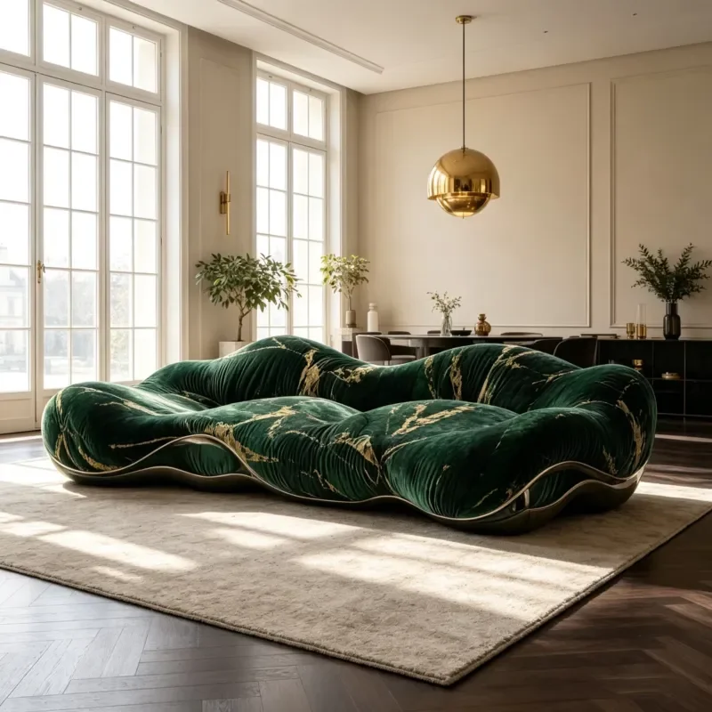 Wavy Curved Velvet Sofa with Golden Marble Pattern Art Design for Living Room Villa Hotel Lobby Luxury Home Decoration