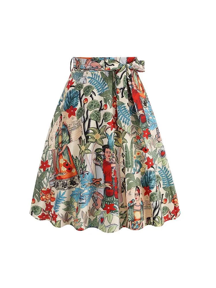 

Summer French Style Women Vintage Pleated Skirt High Waist Floral Print Jupe Longo Elegant Ladies 50s Midi Skirts