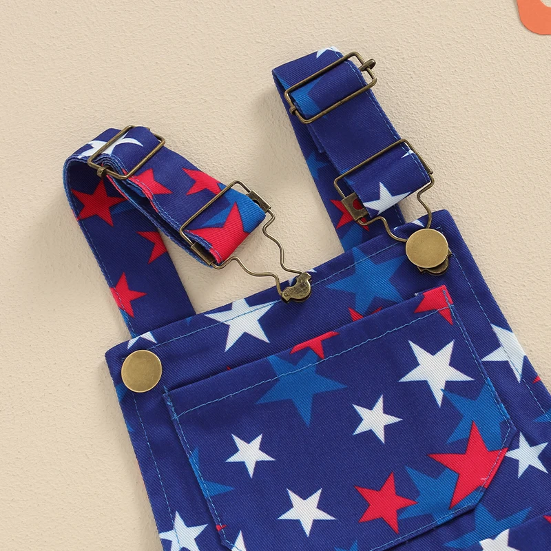 여아 남아용 별 프린트 작업복, 스퀘어 넥, 조절 가능한 스트랩, 유아용 여름 반바지, 7 월 4 일 서스펜더