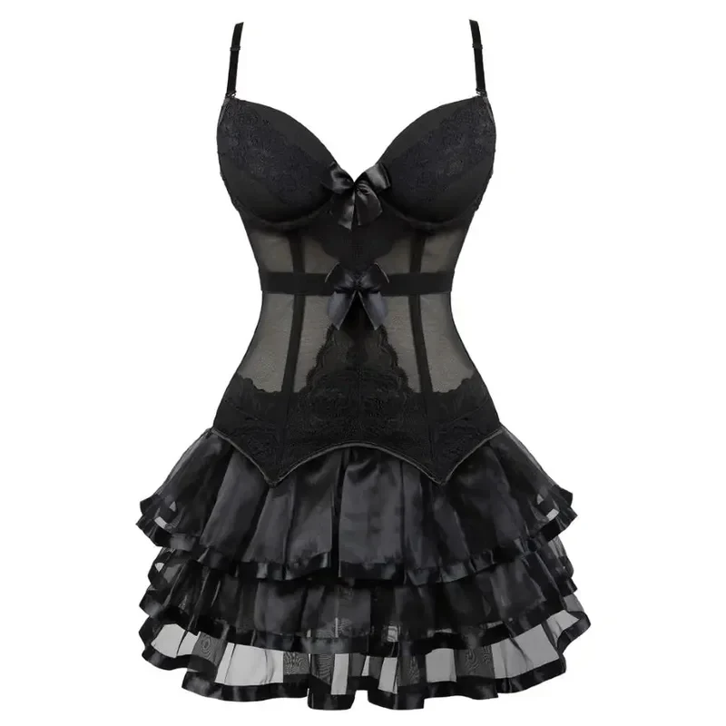 

Elasticity Women's Sexy Underwear Transparent Lace Mesh Corset Top Lingerie Slim Waist Bustier Push Up Corsets with Mini Skirt