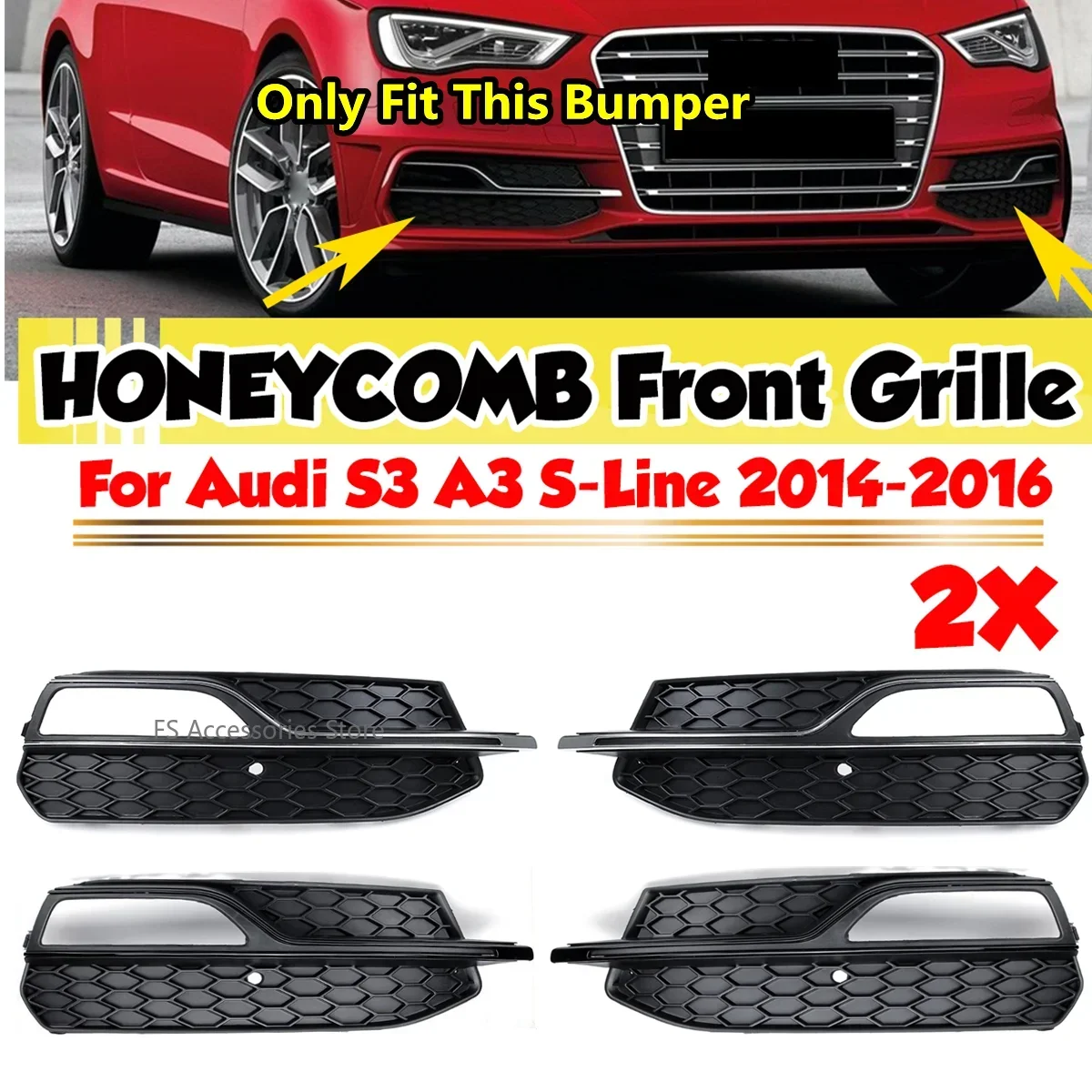 

Front Grill For Audi A3 S-Line 2014-2016 A3 S3 2013-2017 Car Front Lower Fog Light Grill Cover Fog Lamp Grille Frame 8V3807682L