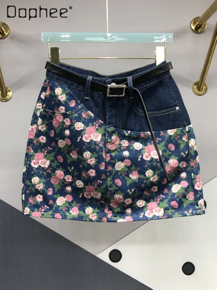 Saia curta de jeans estampada em flor vintage feminina, cintura alta, linha A, shorts jeans de quadril embrulhados, retalhos finos, rua, verão, novo, 2024