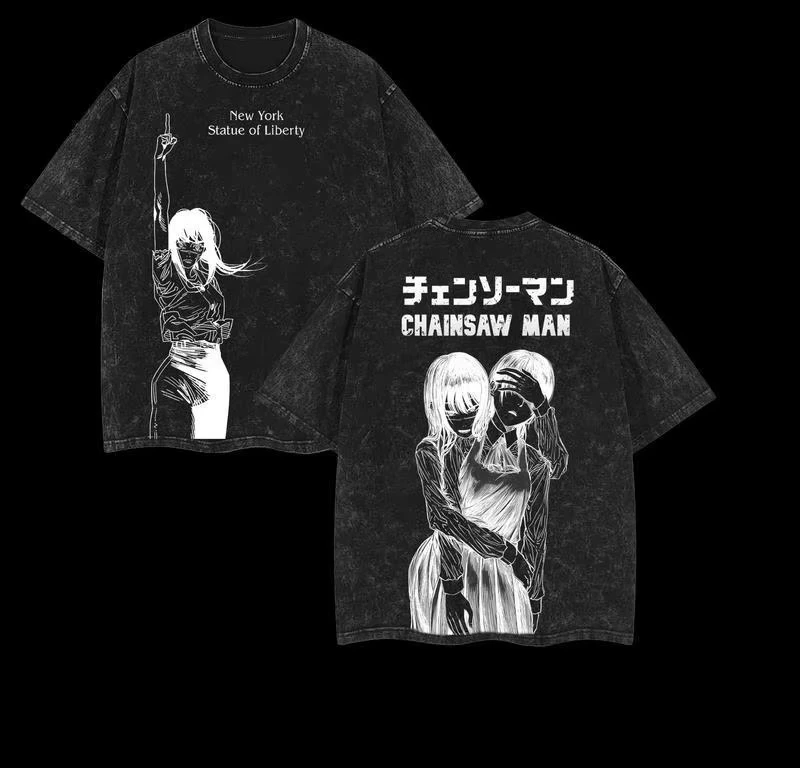 Mitaka Asa Chainsaw Man Manga Printed T-shirt Men's and Women's Washed T-shirt High Quality Vintage Cotton T-shirt Harajuku Tops