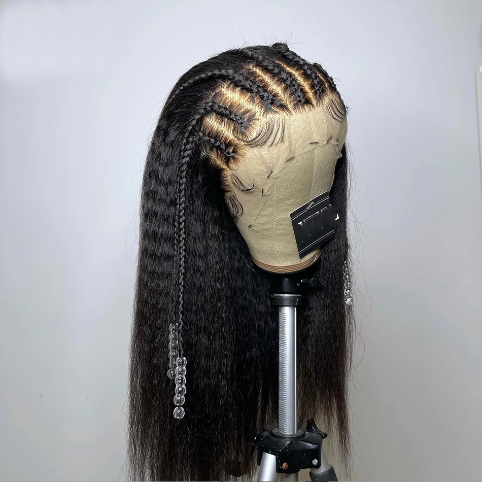 Soft Yaki 26" Long Natural Black Kinky Straight Preplucked 180%Density Glueless Lace Front Wig For Women With BabyHair Daily