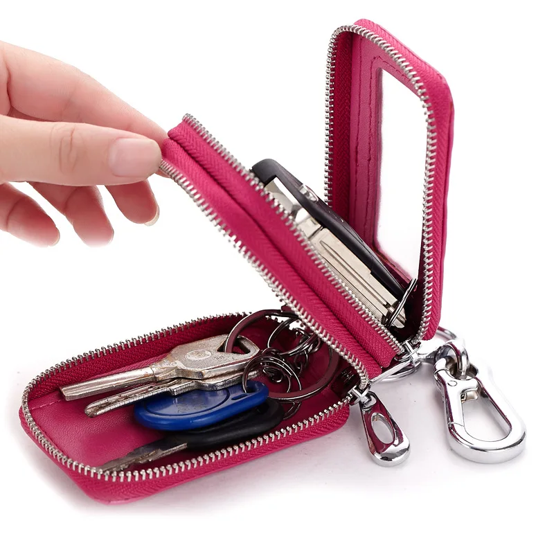 Cartera de cuero genuino para hombre, bolsa de llaves de coche con doble cremallera, funda de llavero de gran capacidad, organizador de carteras pequeñas