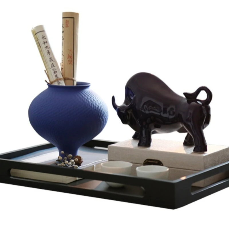 New Chinese style blue glazed, tray vase model room, Song Dynasty aesthetic coffee table tea room decorative ornament