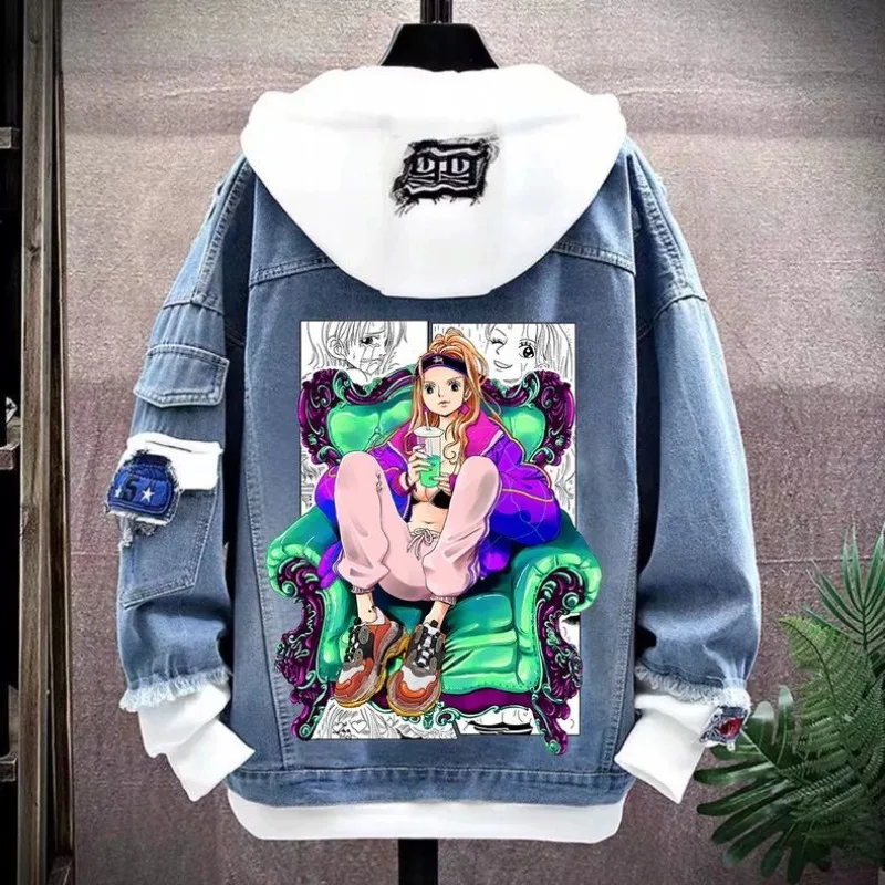 One Piece Luffy Chopper Zoro Anime Peripheral Hooded Denim Jacket Spring and Autumn Simple Cute Versatile Couple Jacket Kawaii