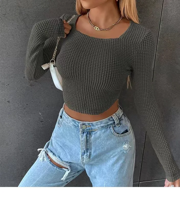 تي شيرت نسائي مثير بأكمام طويلة ملابس الشارع الشهير Y2k ملابس متماسكة قطع علوية كورية موضة ربيع الخريف قصيرة نحيل التي شيرت 2022 #4