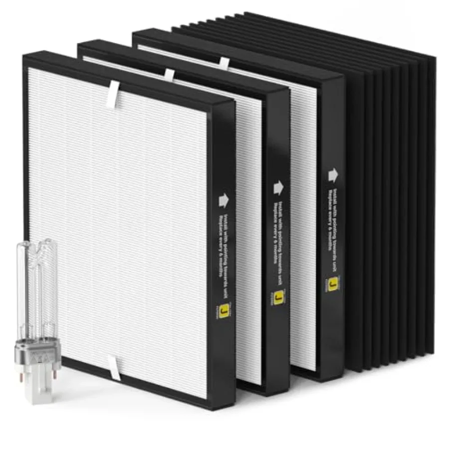 

3-Pack FLT5900 Replacement J Filter and LB4000 Bulb for AC5900WCA and AC5900WDLX Air Puri fiers True HEPA H13 + Activated Carbo