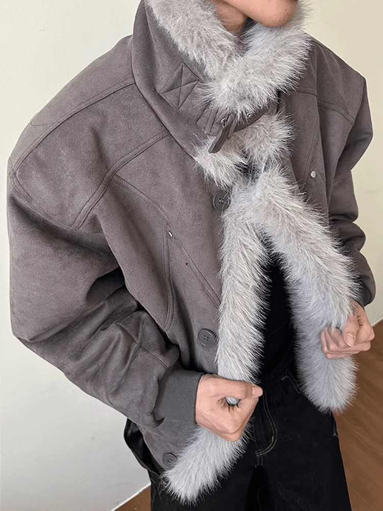 

Men's Suede Jaet Winter Warm Thiened Outerwear Collar Stand-up Fur Lined Inteated Leather And Fur Coat Zipper Closure S...