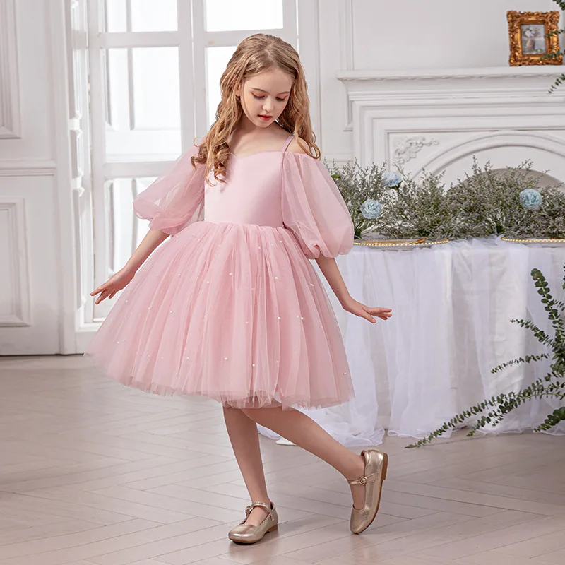 

Elegant Girls Pink Off-Shoulder Pearls Tulle Princess Dress For Children Wedding Birthday Party Ceremony Pageant Prom Puffy Gown