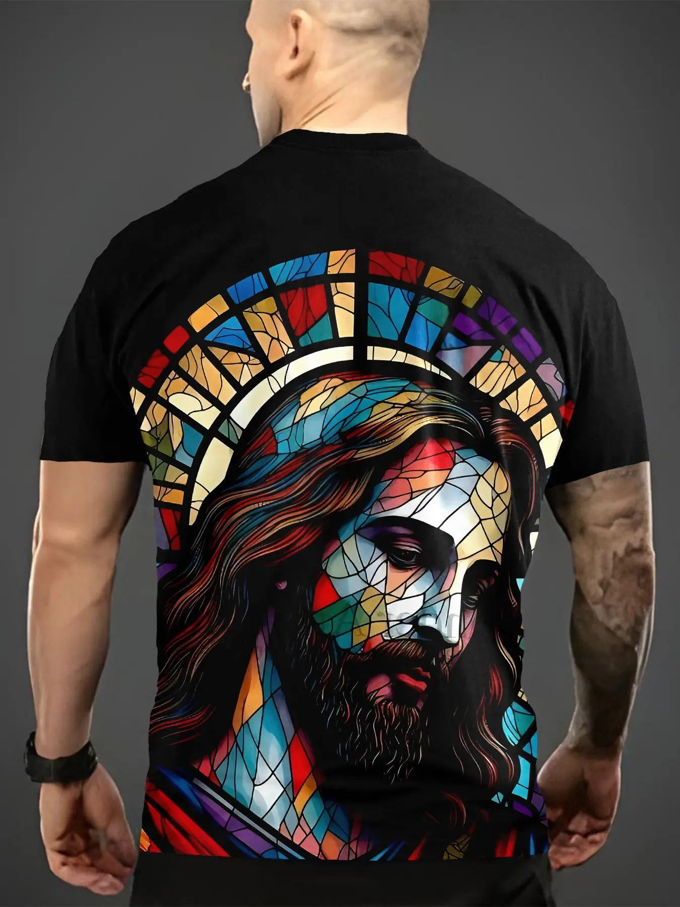 Men Color Stained Glass Portrait Print Black Short Sleeve Crew Neck Casual T-shirt