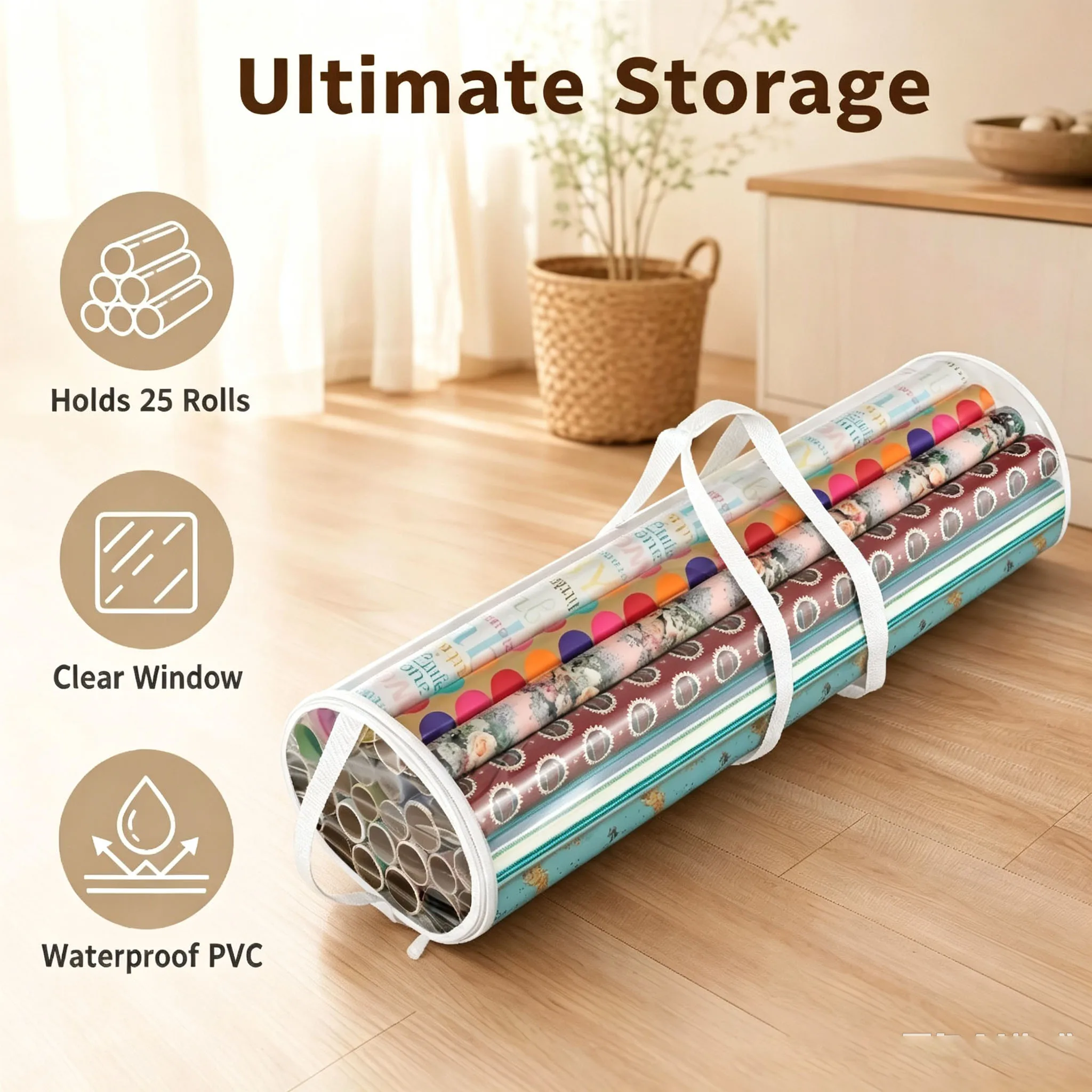 Dustproof Wrapping Paper Storage Tube Bag Clear Visual Design Portable Gift Wrap Organizer with Carry for Home Holiday Storage