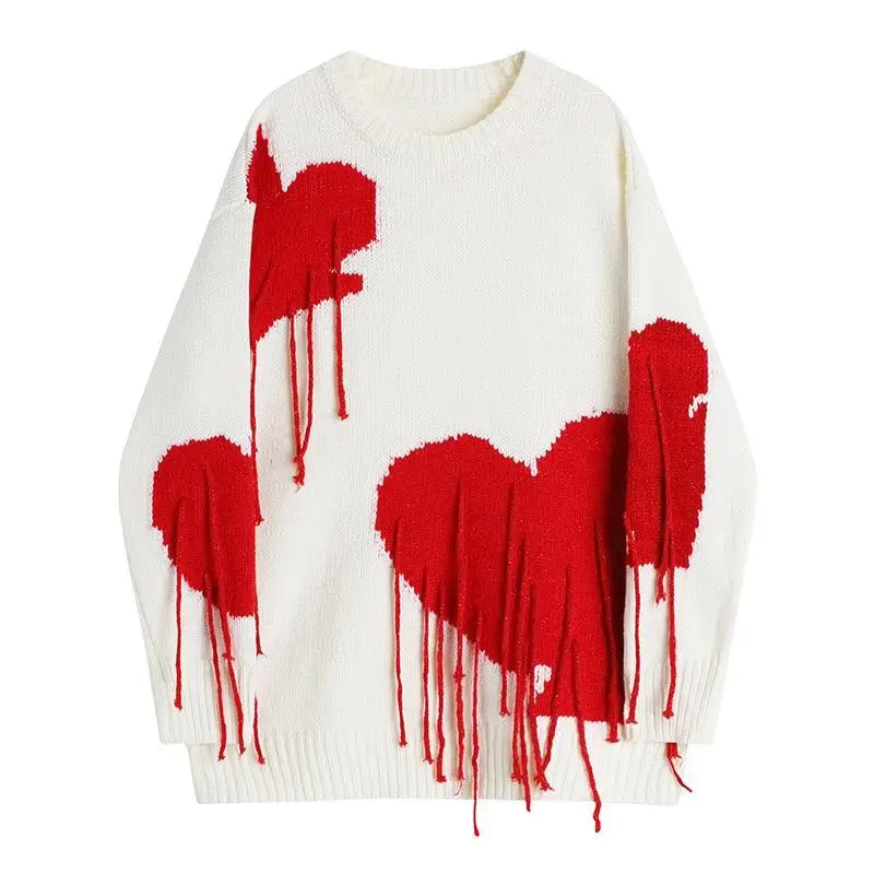 Women\'s Vintage Heart-shaped Sweater, Loose Pullover, Korean Fashion, Gothic Street Knitted Tops, Couple, Y2K, Autumn and Winter