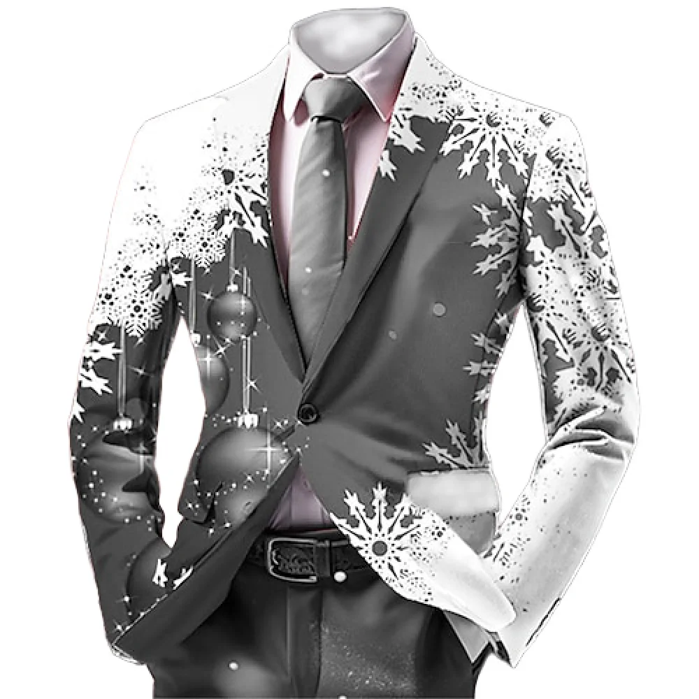 Christmas Snowflake Men Suit Blazer 3D Fun Xmas Printed Men Personality Long Sleeve Jacket New Year Fashion Party Coat with Tie