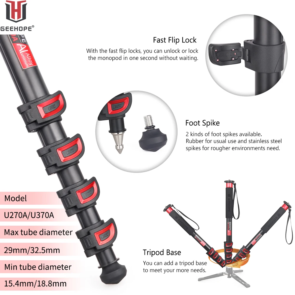 GEEHOPE U270A/U370A Monopod do aparatu Stop aluminium 5-sekcyjna nóżka Profesjonalny stojak wideo do lustrzanki cyfrowej Canon Nikon GoPro