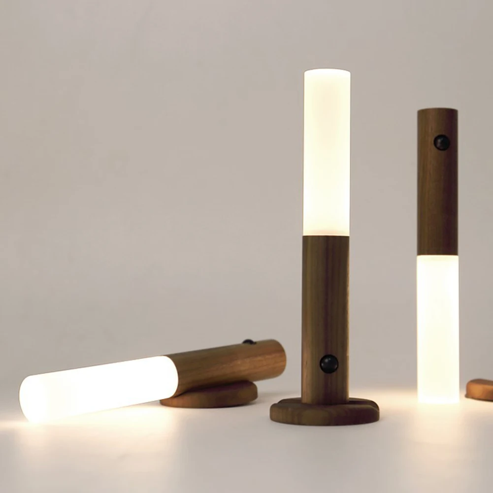 Veilleuse LED USB sans fil avec détecteur de mouvement, anciers en bois, lampe murale chaude, magnétique, couloir, armoire, lumière de garde-robe, décoration intérieure