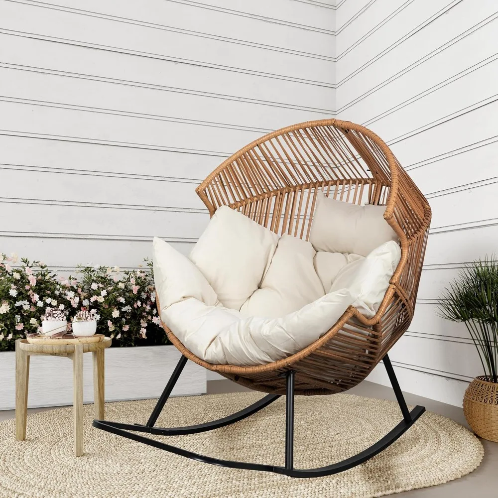 

Wicker Egg Chair, Oversized Outdoor Indoor Rocking Chair, Large PE Rattan Rocking Chair with Cushion for Patio, Balcony