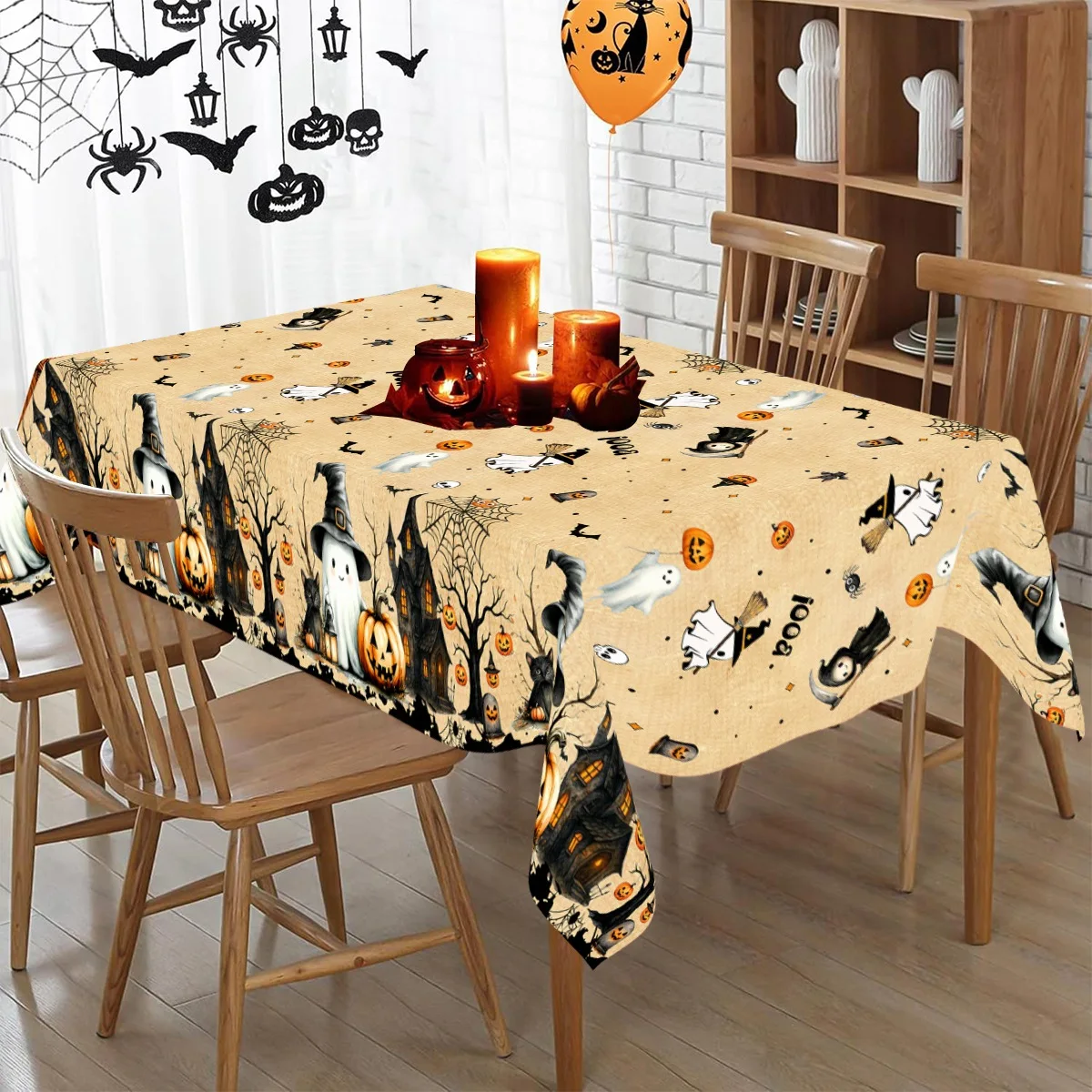 1 Stück Halloween-Tischdecke mit Gruseligen Geistermotiven, Einweg-Plastiktischdecke, Gruselige Spukhaus-Halloween-Tischdekoration – Detail 7