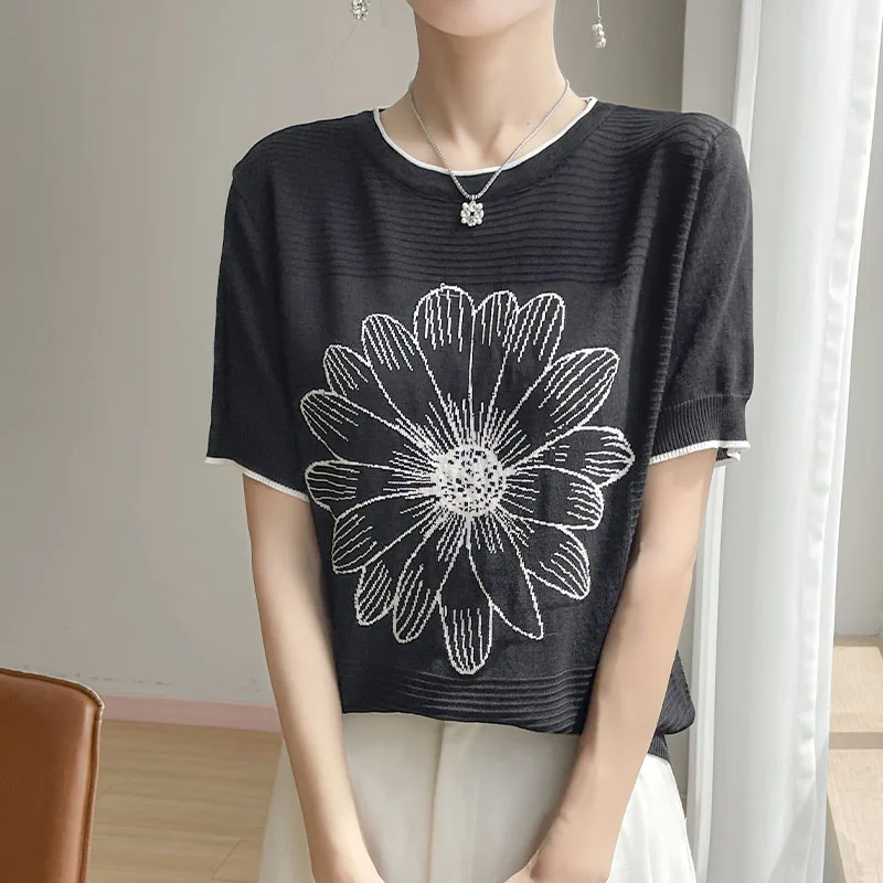 Novedad de verano, suéter de punto, camiseta de manga corta con bordado de girasoles, abrigo holgado de talla grande de seda helada para mujer
