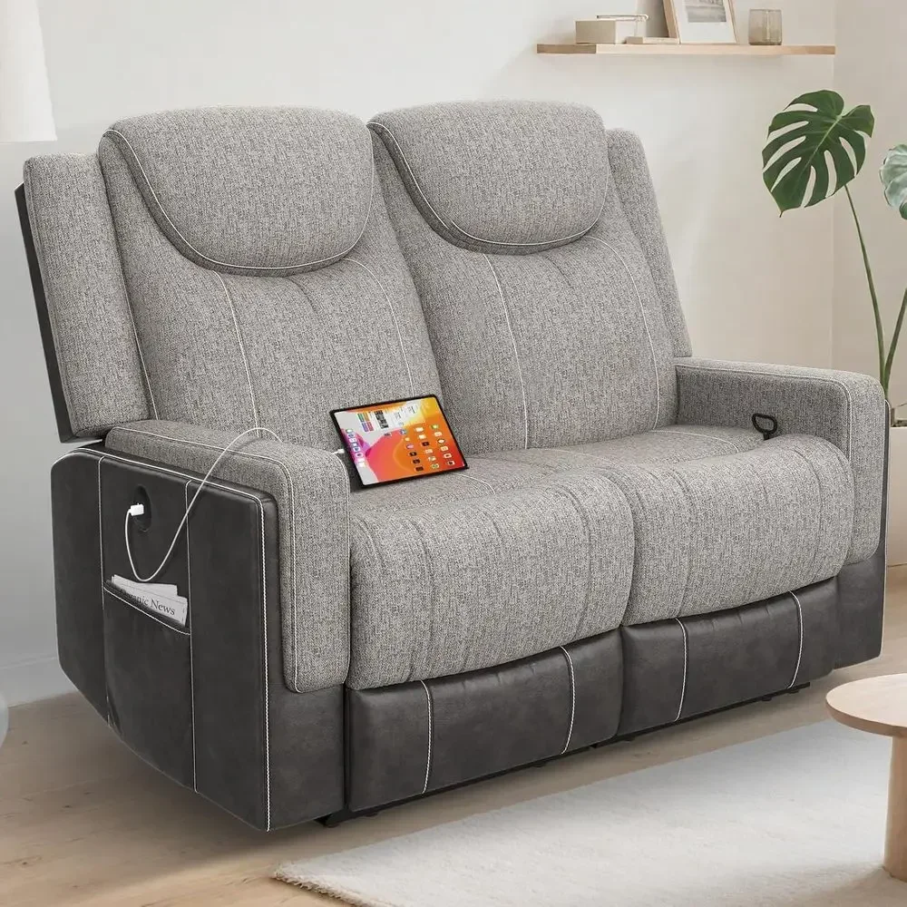 Grey Fabric and Chocolate Leather 2-Seater Reclining Loveseat with USB Ports, Split Back, Wall-Hugger Design for RV or Living Ro