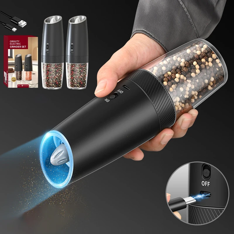 

Электрическая мельница для соли и перца, 2 шт., набор автоматических мельниц с гравитационным датчиком, перезаряжаемая мельница для перца и специй со светодиодной подсветкой