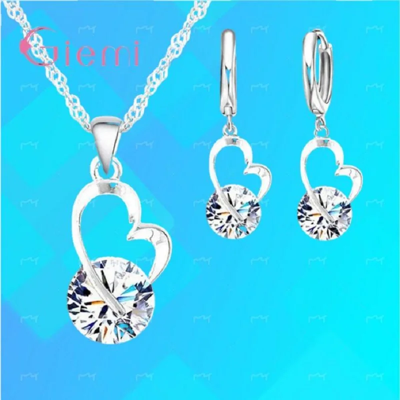 

925 Sterling Silver Bridal Jewelry Sets Fashion Jewelry Romantic Heart Shape Round Crystal Women Girls Engagement Anniversary