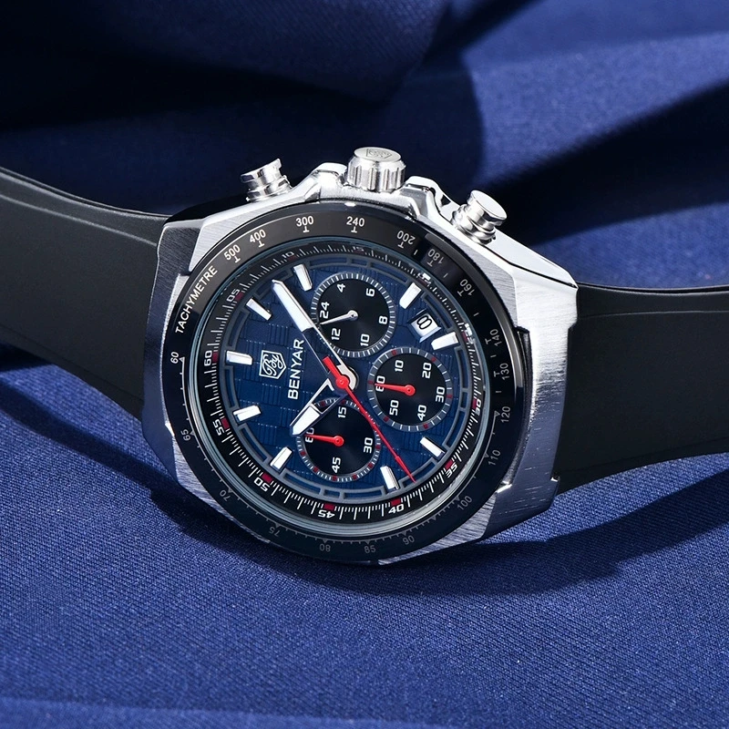 BENYAR 5215 ファッションクォーツ腕時計 メンズ 多機能 防水 シリコンストラップ カレンダー 夜光 スポーツ腕時計