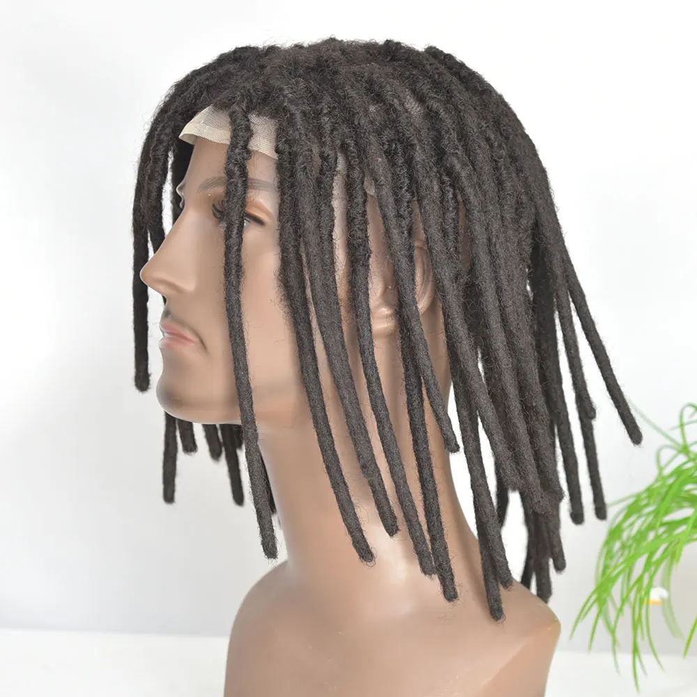 Full French Lace Base Afro Dreadlock Toupee para homens, cor preta, cabelo humano europeu, cabelo do sistema, prótese para perucas, 12"