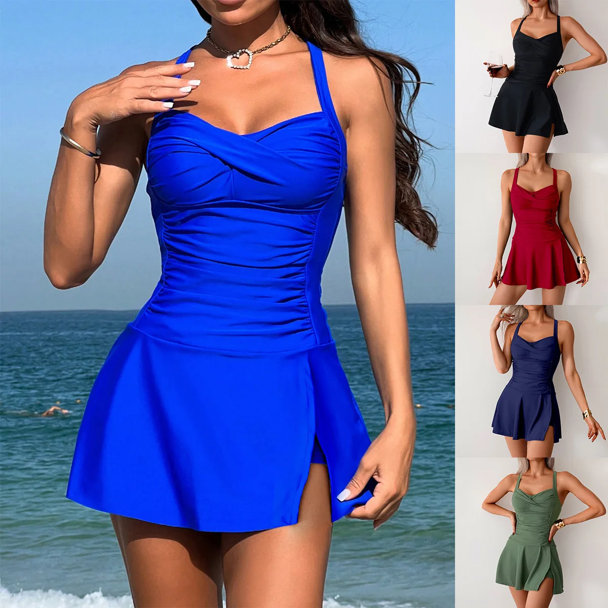 

2025 New Sexy Bikini Women's Dress Solid Sling Swimsuit Backless Swimwear Tight Cross Push Up Beach Skirt Bathing Suit