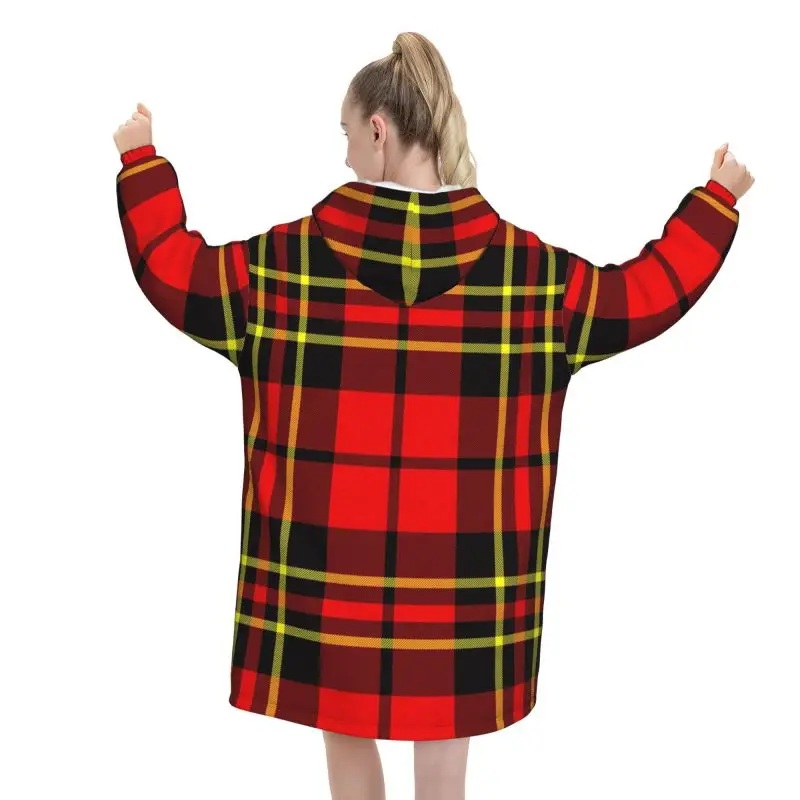 Red Black Tartan Check Scottish Pattern Blanket Hoodie Women Fleece Oversized Sweatshirts Sherpa Wearable Blankets with Pockets