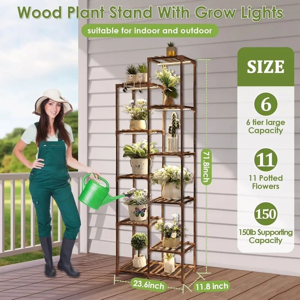 10 Tier Plant Stand with Grow Lights, Full Spectrum Grow Lamp for Indoor Corner, 11 Potted Wood Multiple Tiered Plant Pot Stand